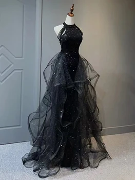 Läikiv Must Õhtukleit Luksus Litrid Ametlik Pidulik Kleit Elegantne Rippus Kaelas Beaded Tutt Tülli Ruffles Vastuvõtva Vestidos
