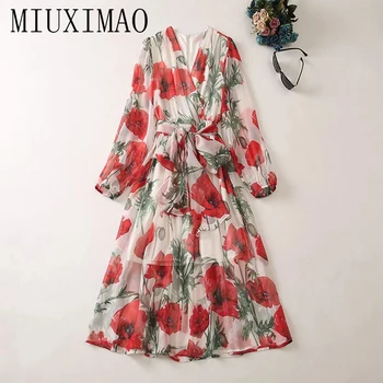 MIUXIMAO 2023 Kõrge Kvaliteedi Kevad&Suvi Elegantne Kleit Pikk Varrukas, V-Kaelus Sifonki Prindi Vöö Mood Pikk Kleit Naiste Vestide