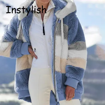 Naiste Elegantne Triibuline Palus Kapuutsiga Mantel Talveks Paks Soe Lahti Fliis Teddy Jakid Vintage Harajuku Liiga Outwear 2023