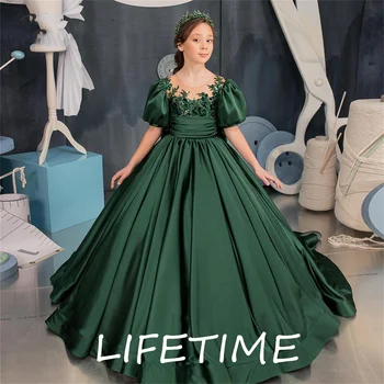 Pundunud Roheline Lill Tüdruk Kleit Ilus Tüdruk Kleit Printsess Kleit Esimene Õhtusöömaaeg Kleit Kork Varrukad Tüdruk Pulmapidu Kleit