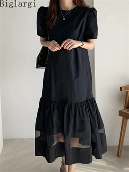 Uus Korea Suvel Naiste Lace Must Kleit Naine Pullover Plisseeritud Ruffes Kleit Mood Daamid Naiste Vabaaja Office Pikad Kleidid