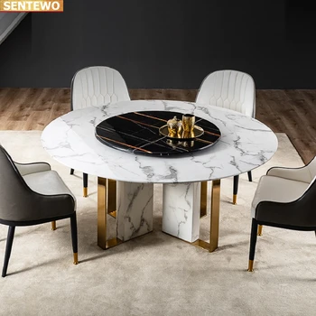 Disainer Luksus ring õhtusöök tuba Marble Rock Plaat söögilaud komplekt 4 6 8 toolid mesa tavolo mööbel, Roostevabast terasest kuld alus