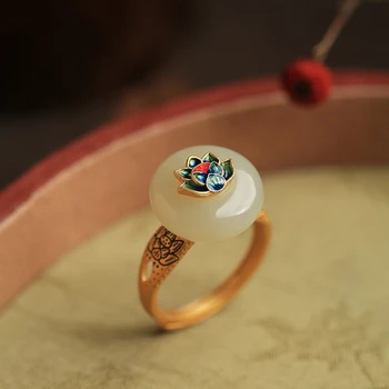 Imitatsioon Hetian Jade Lotus Sõrmus Kullatud Hetian Jade Emailiga Lotus Sõrme Sõrmus Naiste Ehted Kingitused Avamine Reguleeritav