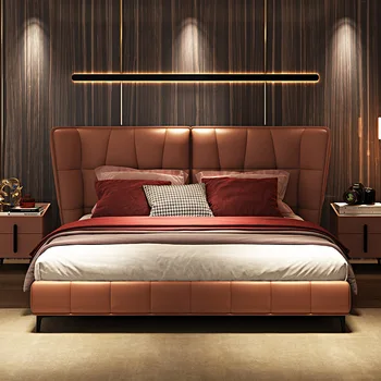 Itaalia minimalistlik täispuidust high-end nahk esipaneel cowhide voodi 1,8 m luksus kerge luksus lihtne võre punane voodi