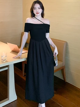 Naiste Stiilne Slash Kaela Maha Õla Seksikas Klubi Pikk Kleit Suveks Must Korea Vintage Hepburn Kleit 2023 Korea Elegantne Prom Kleit