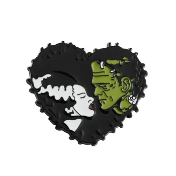 Pruut & Frankenstein Emailiga Pin Webbed Südame Kuju Prossid Õudusfilm Armastav Jope Pääsme Halloween Gooti Ehted Kingitus