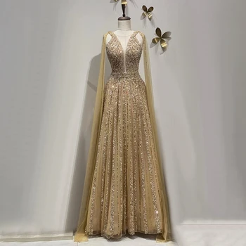 Rahulik Hill araabia Kuld Joont Cape Varrukad Beaded Luksus Dubai Pikk Õhtu Kleidid, Hommikumantlid 2023 Naiste Pulmapidu BLA71941