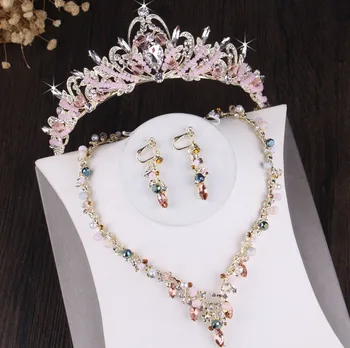 Roosa Kristall Pulmad Pruudi Ehete Komplekti Naiste Pruut Tiara Printsess Kroonid Kõrvarõngas Kaelakee Pulm Dubai Ehted Tarvikud
