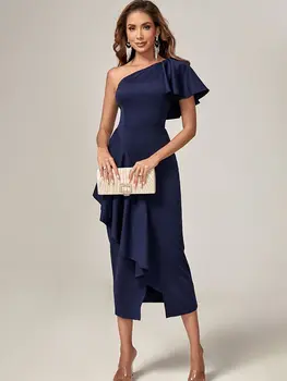 Ruffle Bodycon Kleit Naiste Pikk Pulmapidu Kleit Elegantne Tumesinine Seksikas Ühe Õla Õhtul Sünnipäeva Club Riided 2023 Suve