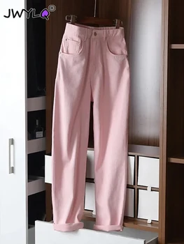 Solid Color Lihtne Sirge Kõrge Waisted Teksad Korea Fashion Lahti Streetwear Roosa Naiste Vabaaja Püksid Vaqueros Denim Püksid