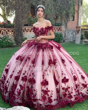 Tume Punane Pall Kleit Quinceanera Kleidid Pits Applique 3D Lilled Helmed Magus 15 16 Kleit Pool Kandma Xv Años