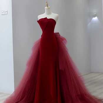 Wine Red Prom Kleit Tülli Kleit Uhke Kõrge Kvaliteediga Kohandatud Maha Õla Pikk Kleit Printsess Klassikaline Pulm Kleit 2023