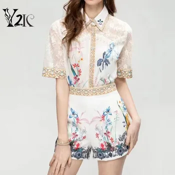 Y2K riided suvel vintage õie printida lühikese varrukaga top särgid streetwear stiilne kõrge vöökoht lühikesed püksid komplekt naistele, kahe-osaline komplekt, ZA