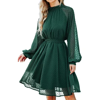 Šveitsi Dot Mini Kleit Naiste 2023 Kevadel, Suvel Pulmas Külaline Pikad Varrukad Pool Kõrge Krae Sifonki Kleit Elegantne Vöö Vestido